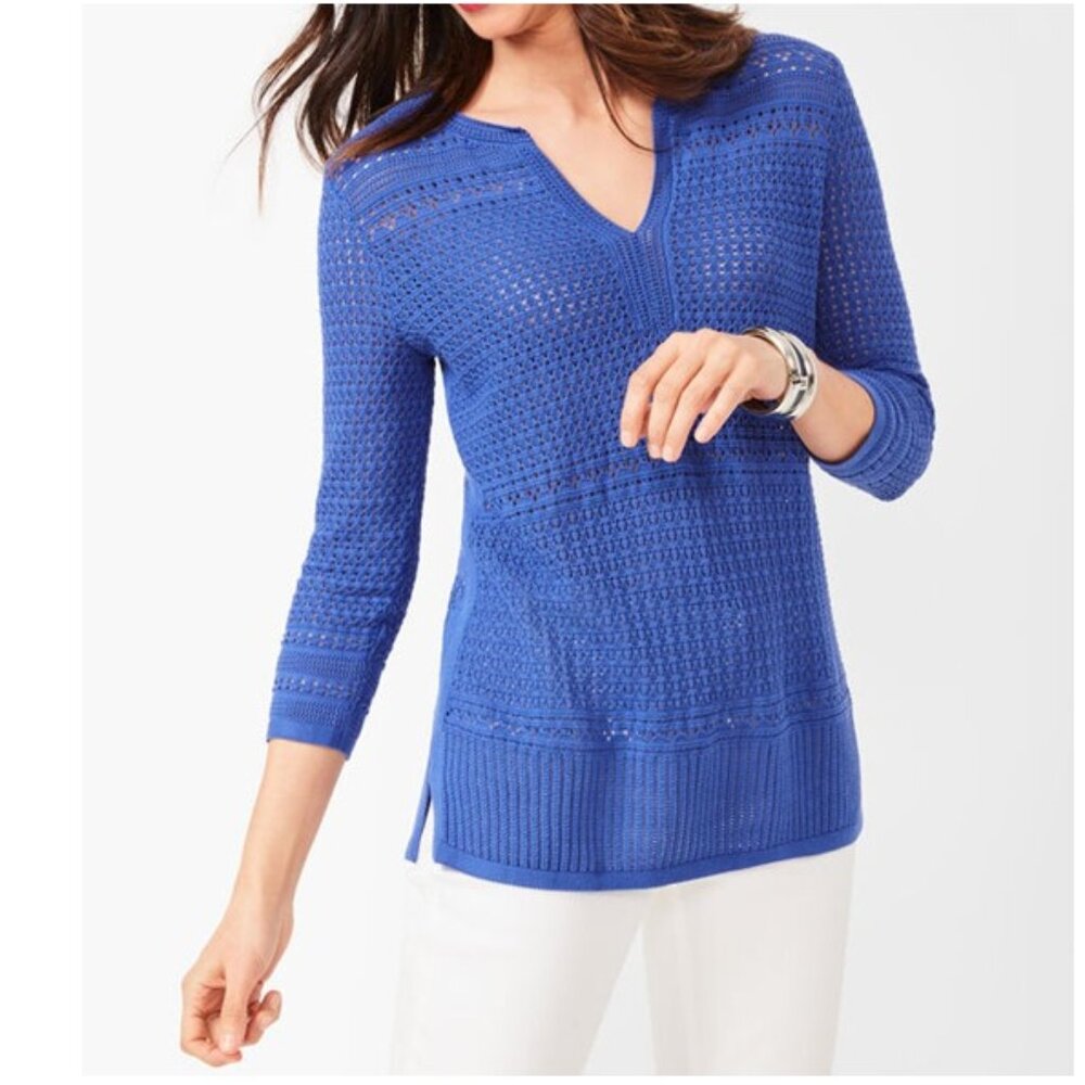 NWT Talbots 3/4 Sleeve Blue Split-Neck Open-Stitch Tunic Sweater - Size PL
